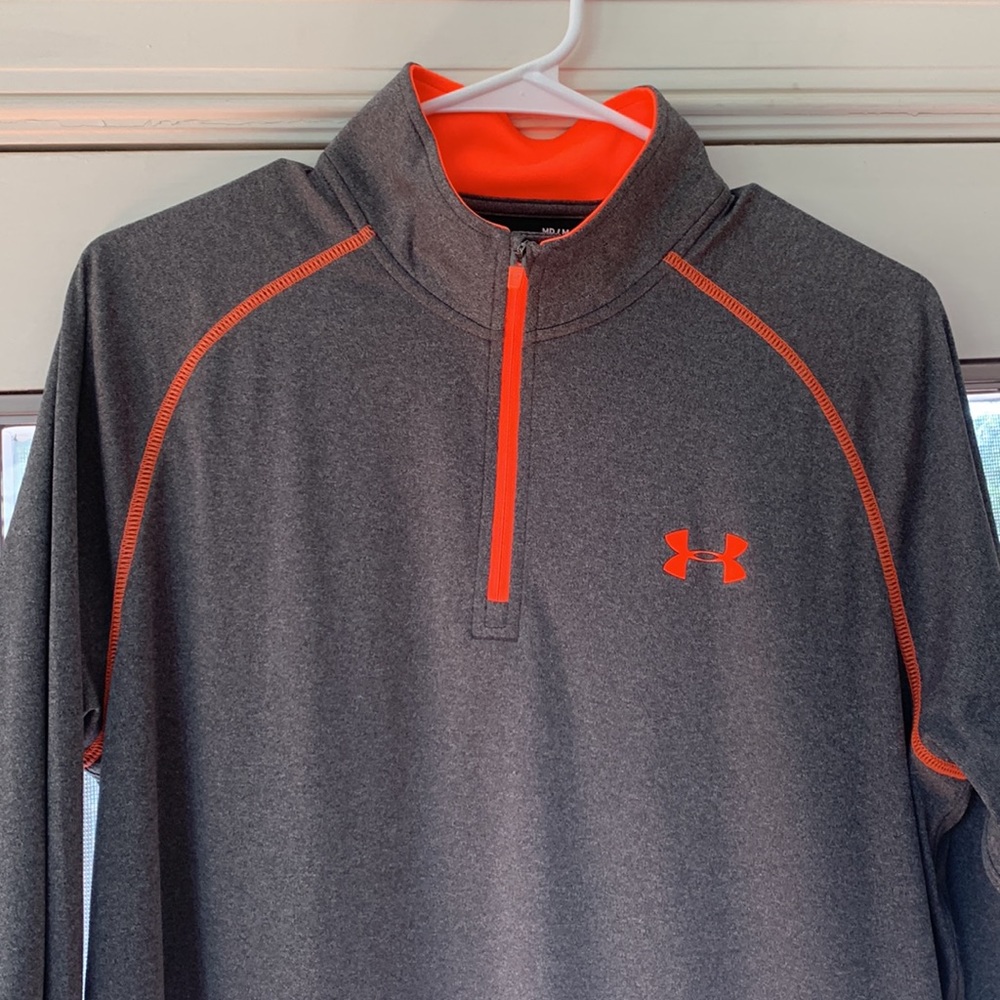 Men’s med. Under Armour, brand new with tags, gray and bright orange, zip collar